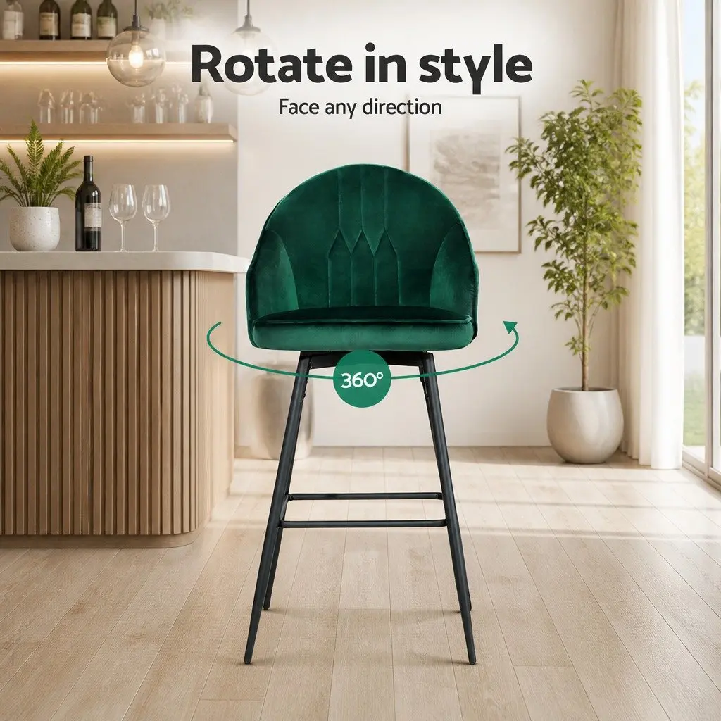 Bar Stools Swivel Velvet Padded Back 72cm Green Metal Legs 2 Piece