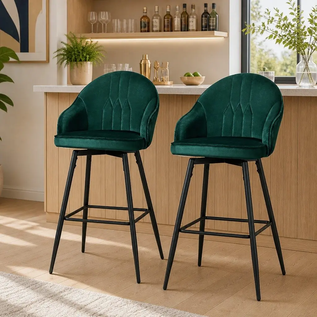 Bar Stools Swivel Velvet Padded Back 72cm Green Metal Legs 2 Piece