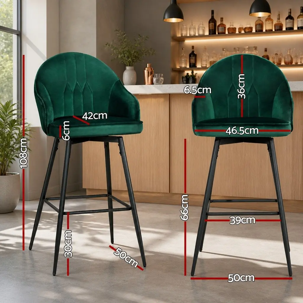 Bar Stools Set of 4 Swivel Velvet Green Metal Legs Padded Seat Back Design