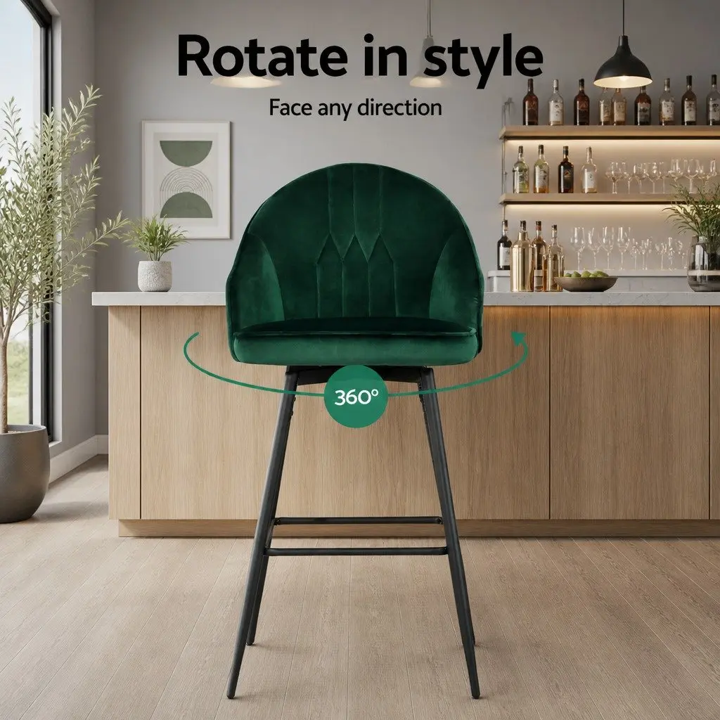 Bar Stools Set of 4 Swivel Velvet Green Metal Legs Padded Seat Back Design