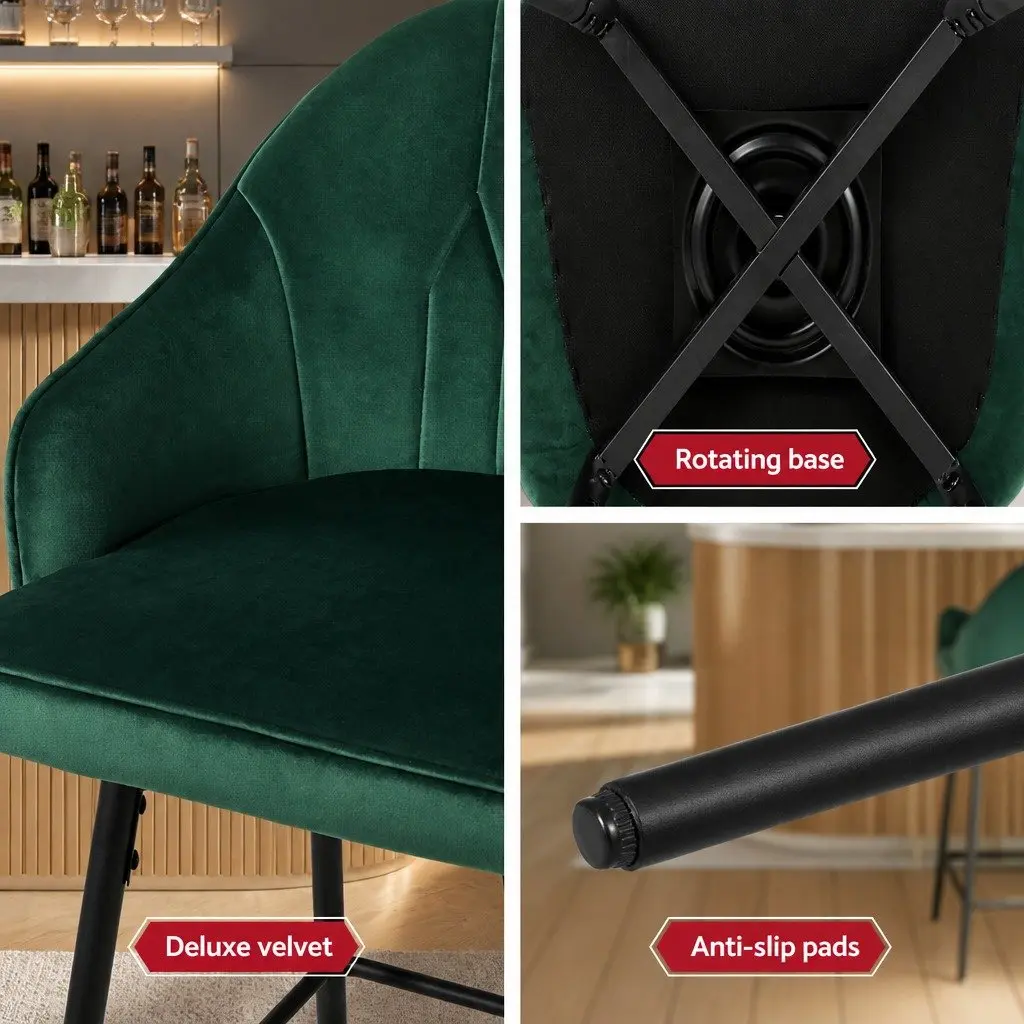 Bar Stools Set of 4 Swivel Velvet Green Metal Legs Padded Seat Back Design