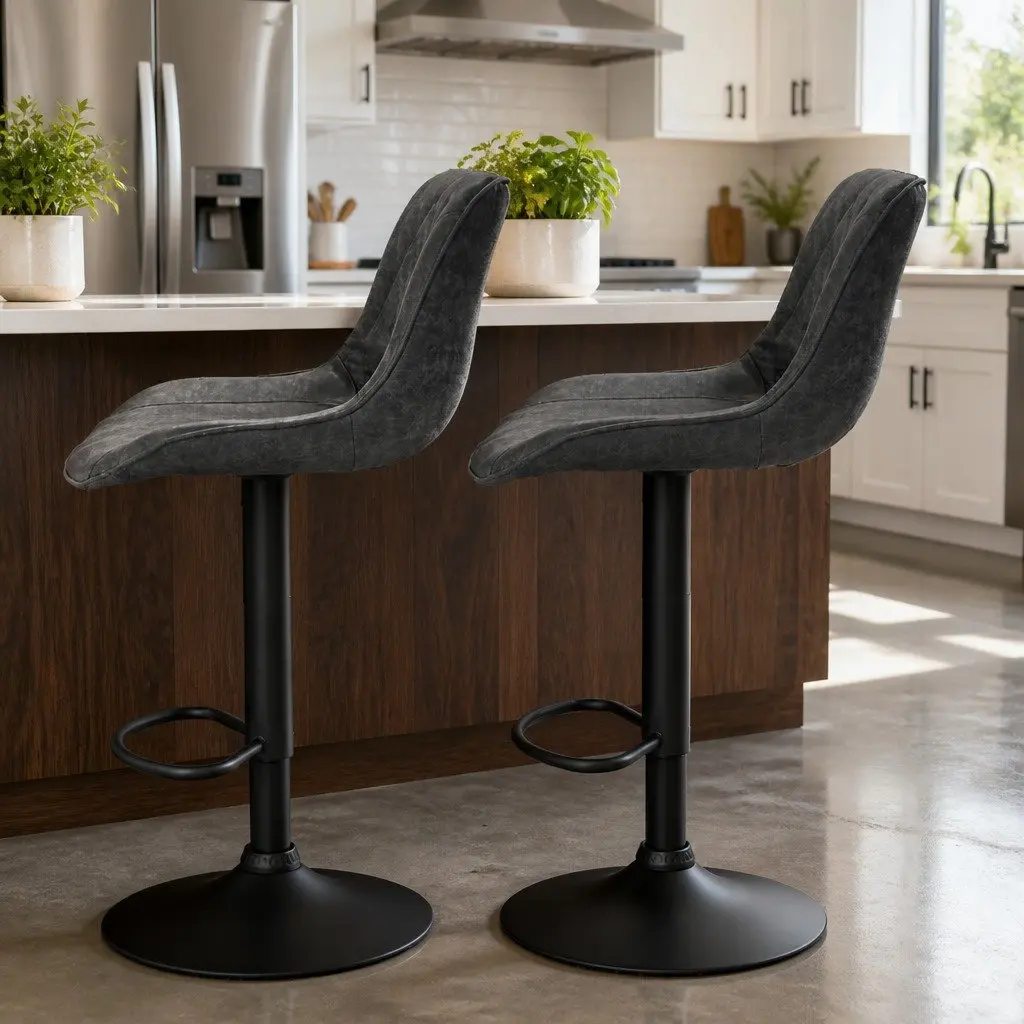 Bar Stools Adjustable Height Swivel Leather Seat 2 Piece Black