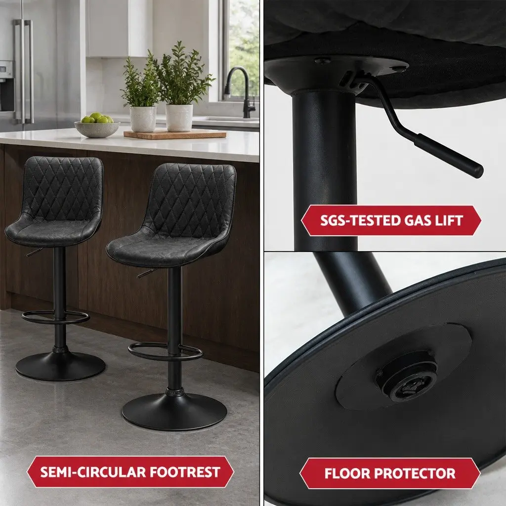 Bar Stools Adjustable Height Swivel Leather Seat 2 Piece Black