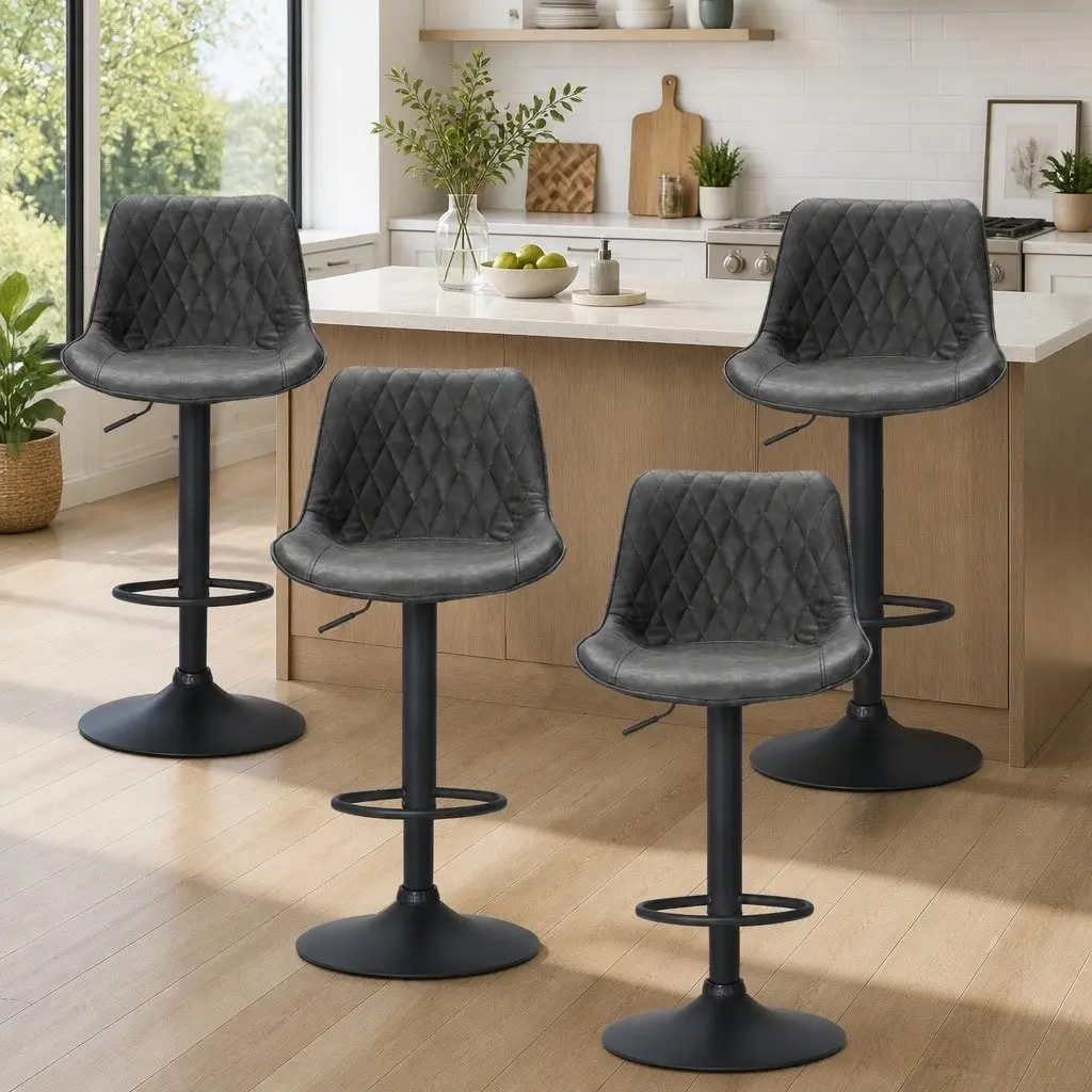 Bar Stools Set of 4 Swivel Adjustable Height Vintage Leather Black