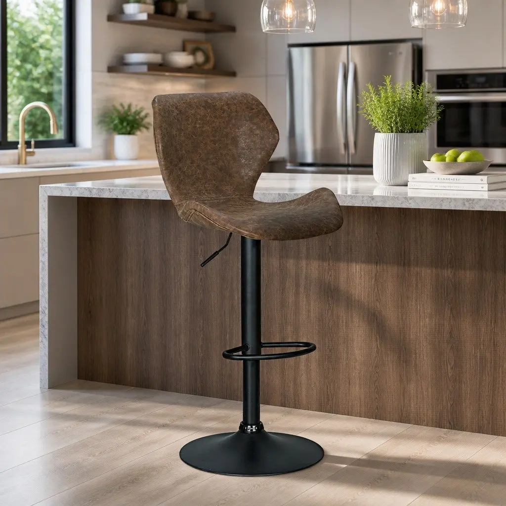 Bar Stools Kitchen Counter Swivel Gas Lift Vintage Brown Chairs x2 Adjustable