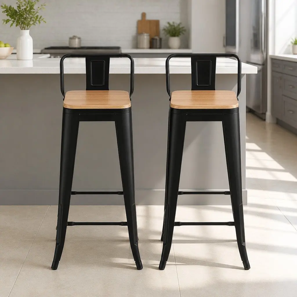 Bar Stools Industrial Style Kitchen Counter High Chairs 77cm Black with Pine Accents Set of 2
