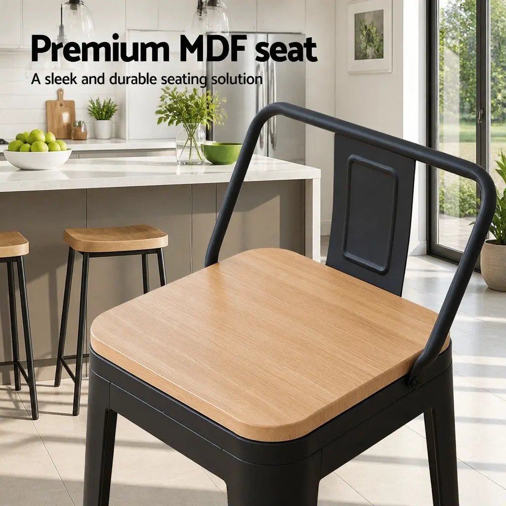 Bar Stools Industrial Style Kitchen Counter High Chairs 77cm Black with Pine Accents Set of 2
