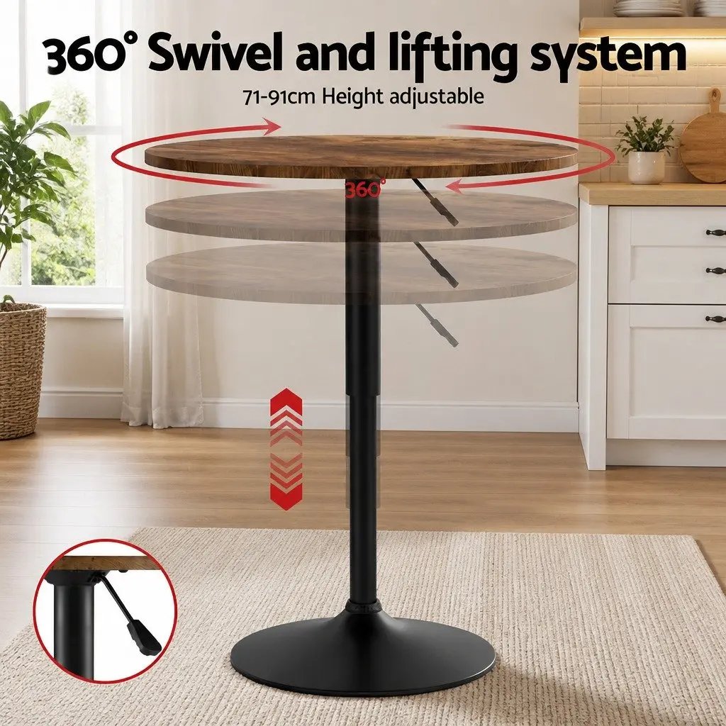 Height Adjustable Round Bar Table 60cm Swivel Gaslift Kitchen Counter Rustic