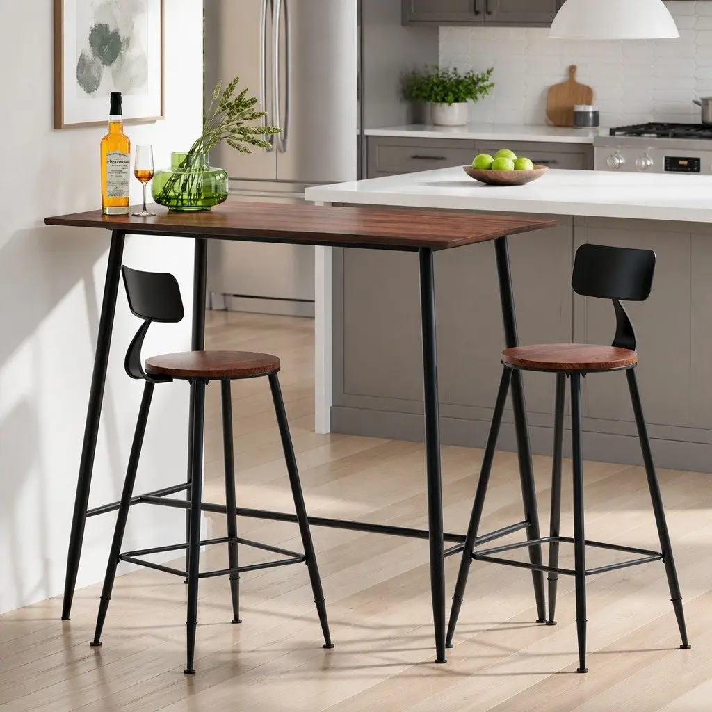 Bar Table and Stools Set Industrial Dining Kitchen Cafe Pub Furniture Walnut