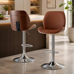 Bar Stools Set of 2 Bentwood Adjustable Kitchen Counter Chairs Brown PU Leather