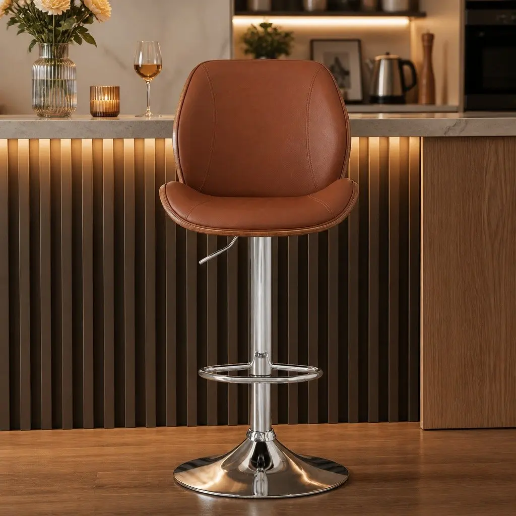 Bar Stool Bentwood Swivel Adjustable Kitchen Dining Counter Height Brown Leather