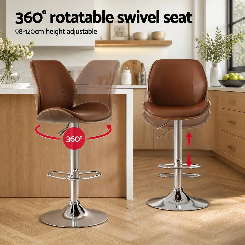 Bar Stool Bentwood Swivel Adjustable Kitchen Dining Counter Height Brown Leather