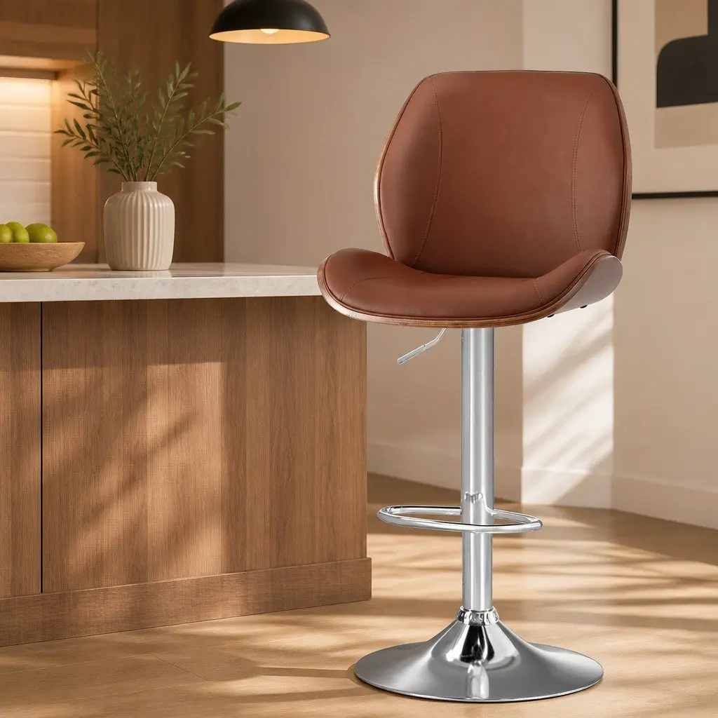 Bar Stool Bentwood Swivel Adjustable Kitchen Dining Counter Height Brown Leather