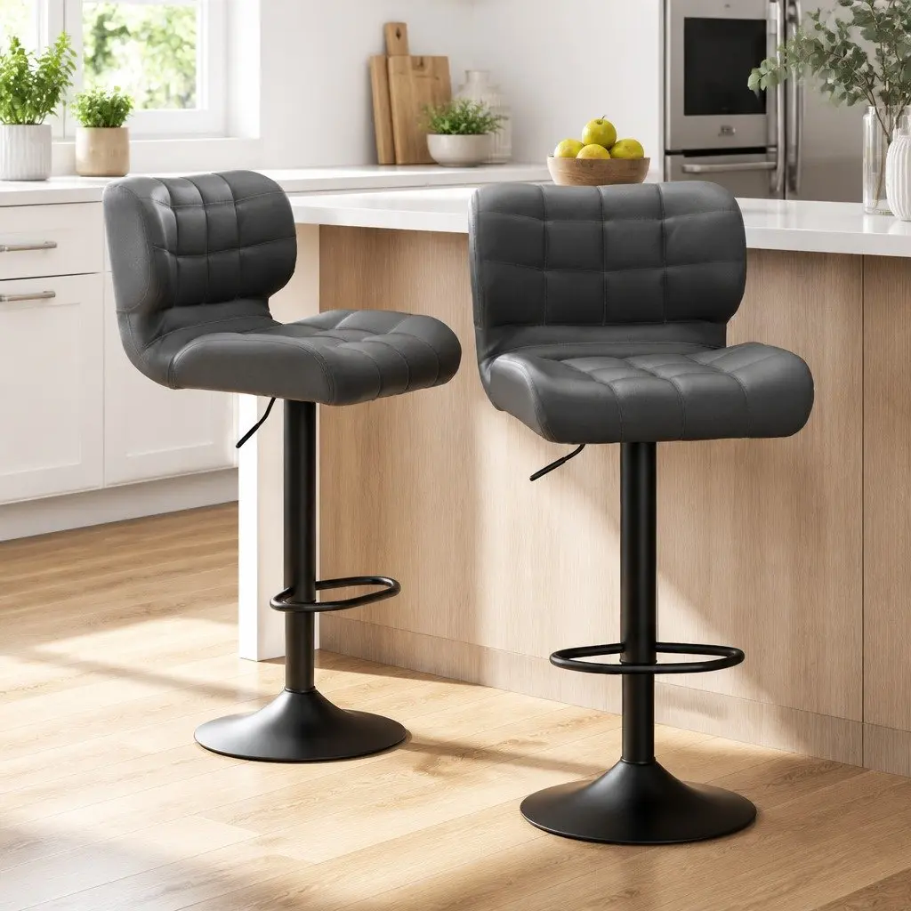 Bar Stools Swivel Chair Adjustable Height PU Leather Padded Seat Chrome Base Grey 2 Piece