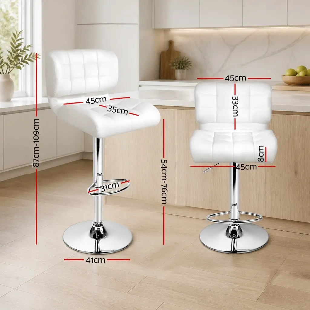 Bar Stools Gas Lift Padded Seat Swivel Chair Chrome Base White Set of 2
