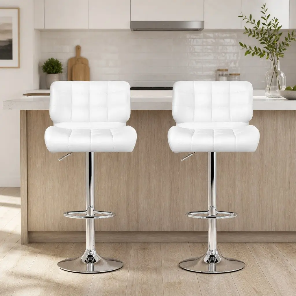 Bar Stools Gas Lift Padded Seat Swivel Chair Chrome Base White Set of 2