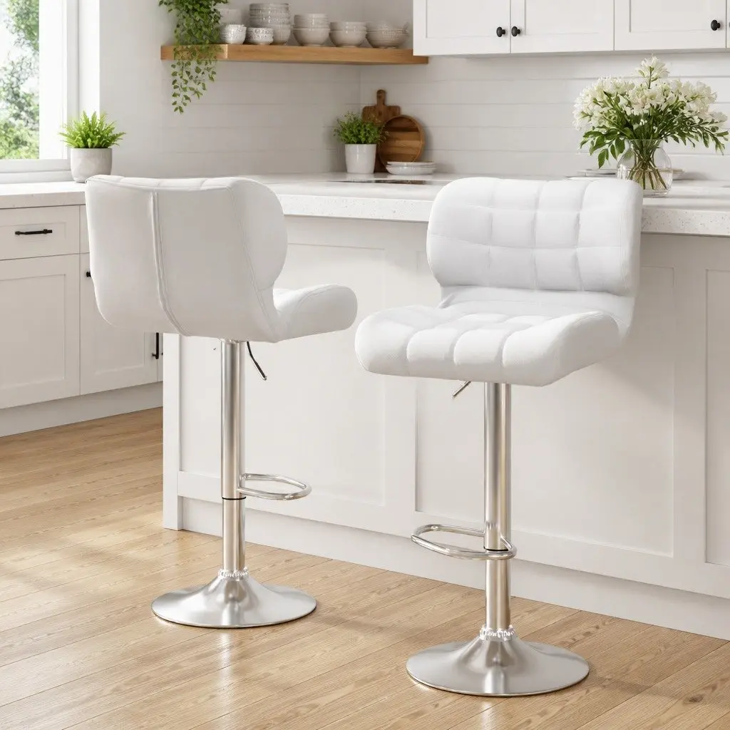 Bar Stools Gas Lift Padded Seat Swivel Chair Chrome Base White Set of 2