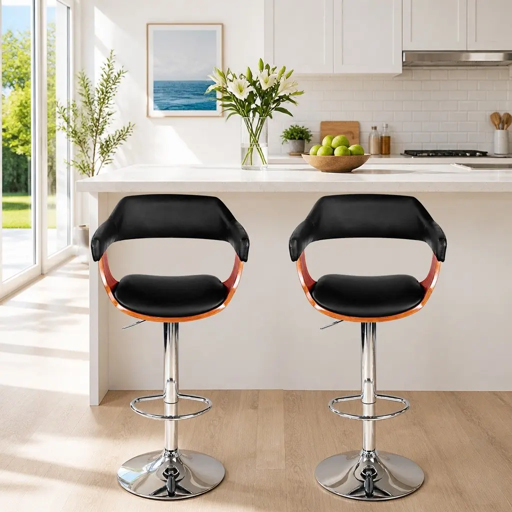 Bar Stools Gas Lift Swivel Height Adjustable Black PU Leather Padded Seat 2 Piece