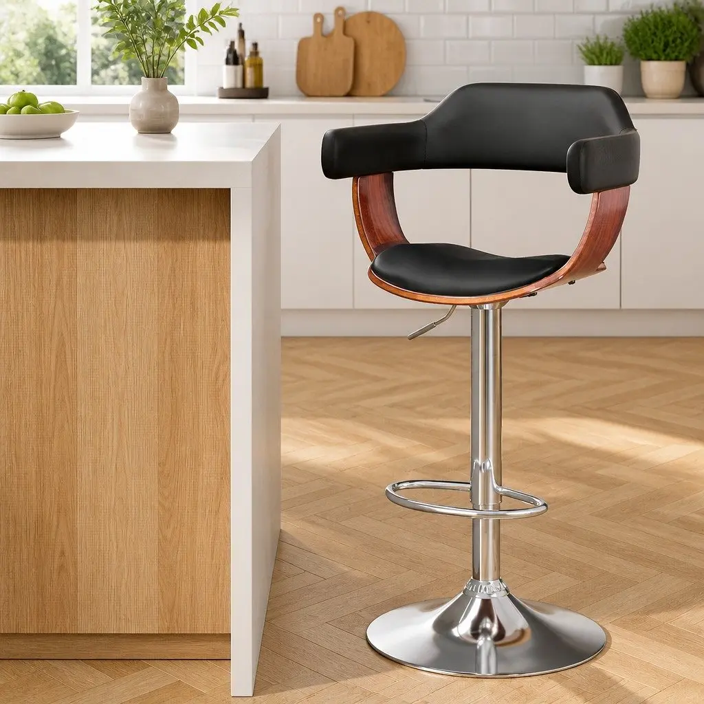 Swivel Bar Stool with Chrome and Wooden Elements