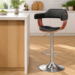 Comfortable Swivel Bar Stool with Chrome and Wooden Elements