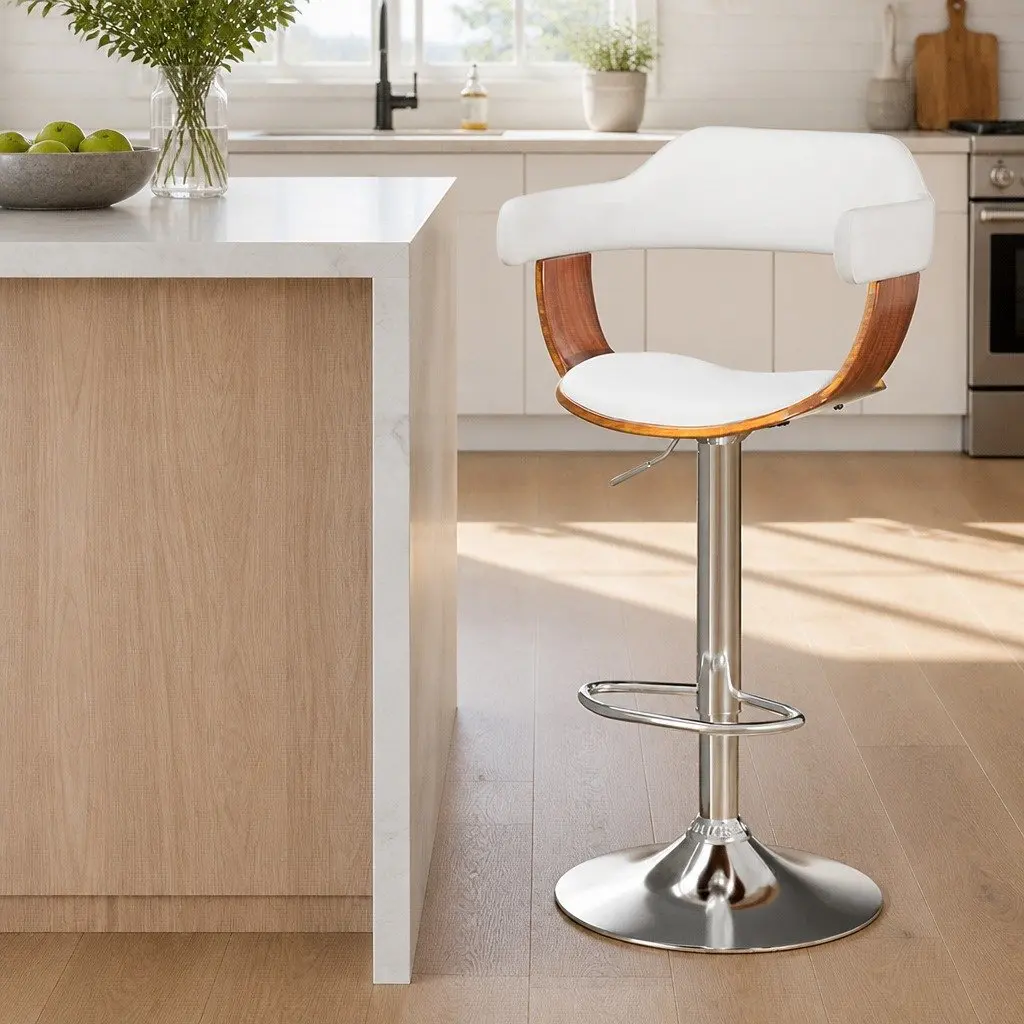 Swivel Bar Stool Adjustable Height White Padded Seat Chrome Footrest