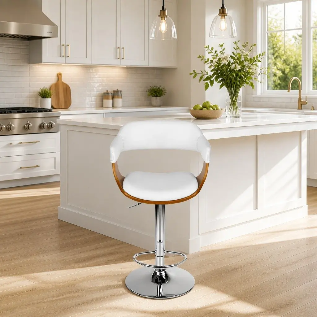 Swivel Bar Stool Adjustable Height White Padded Seat Chrome Footrest