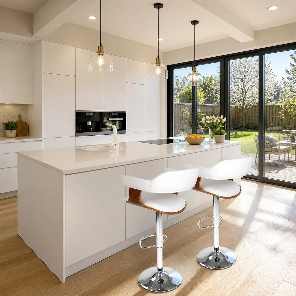 Swivel Bar Stool Adjustable Height White Padded Seat Chrome Footrest