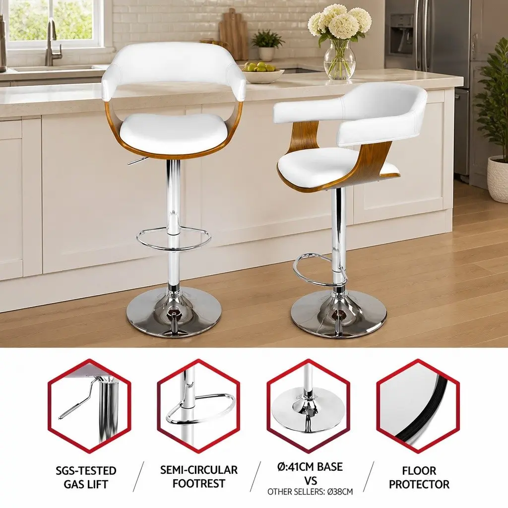 Swivel Bar Stool Adjustable Height White Padded Seat Chrome Footrest