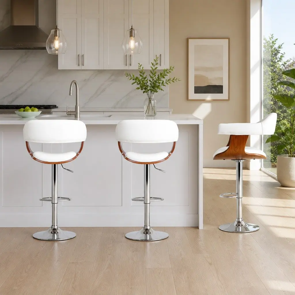 Swivel Bar Stool Adjustable Height White Padded Seat Chrome Footrest