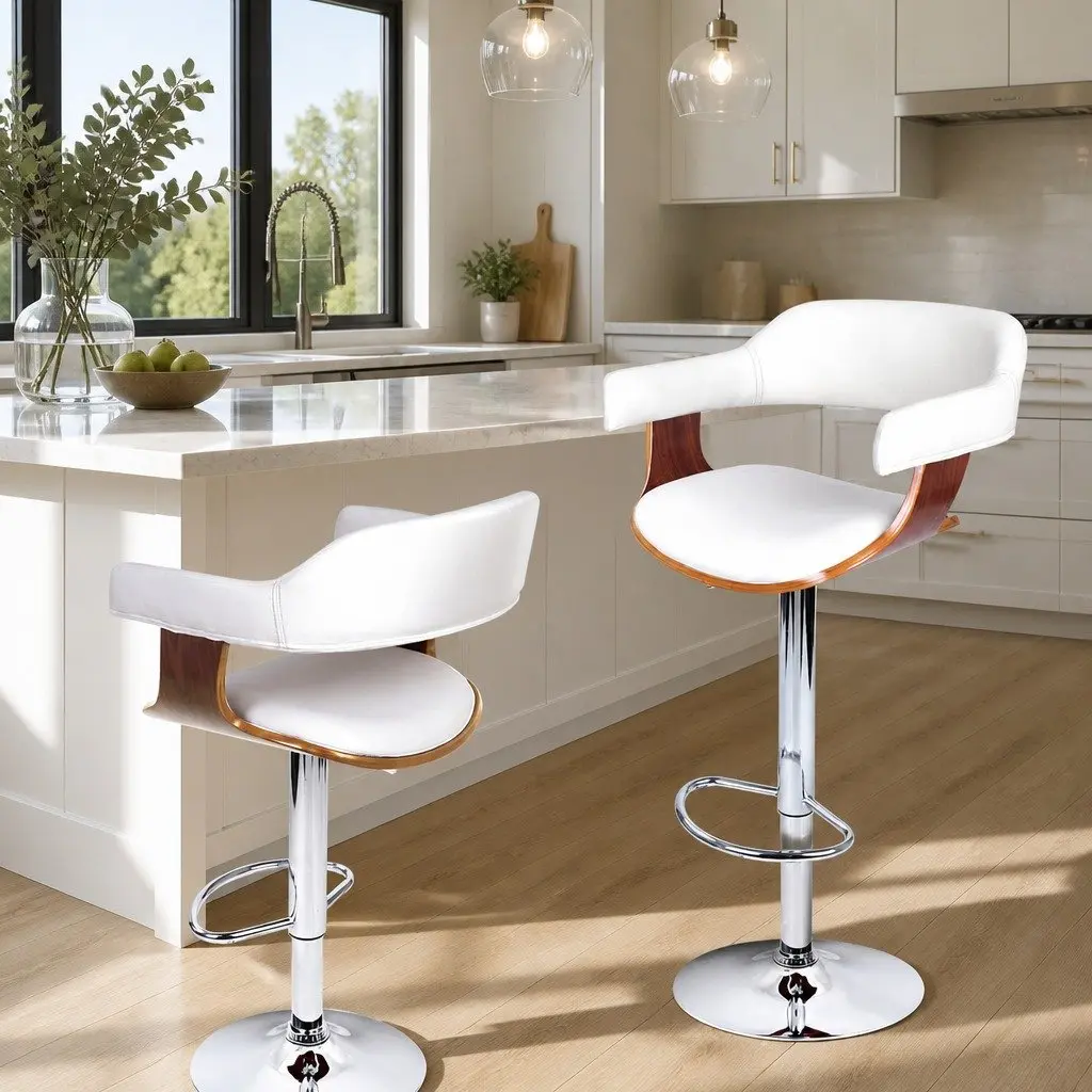 Swivel Bar Stool Adjustable Height White Padded Seat Chrome Footrest