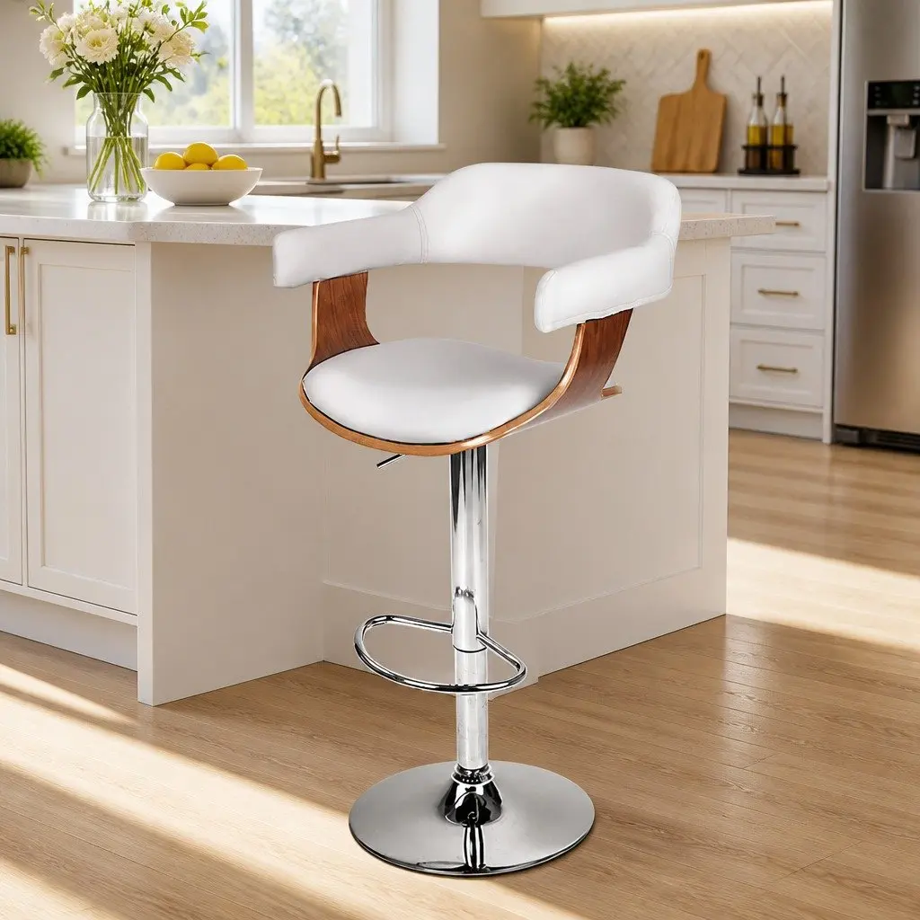 Swivel Bar Stool Adjustable Height White Padded Seat Chrome Footrest