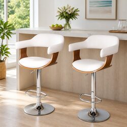 Bar Stools Gas Lift Swivel Chair Wooden Seat Armrest White Set of 2