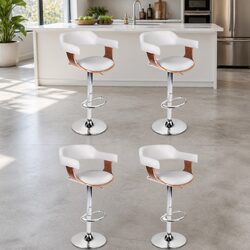 Comfortable White Bar Stools Set with Gas Lift x4