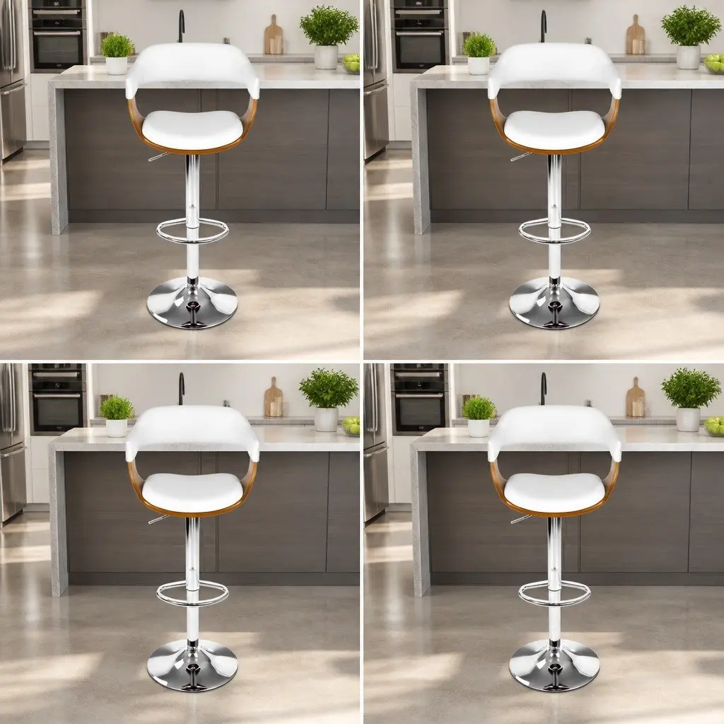 Bar Stools Height Adjustable Swivel Seat White Wooden Frame Chrome Base 4 Piece