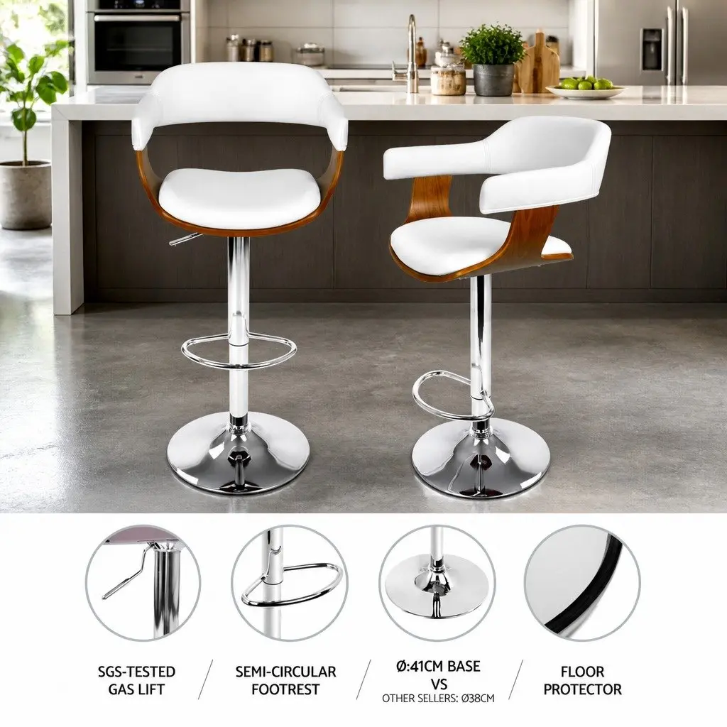 Bar Stools Height Adjustable Swivel Seat White Wooden Frame Chrome Base 4 Piece
