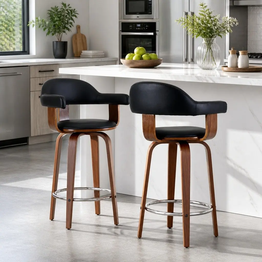 Bar Stools Set of 2 Padded Seat Wooden Legs Rotatable Mid-Height Backrest Black
