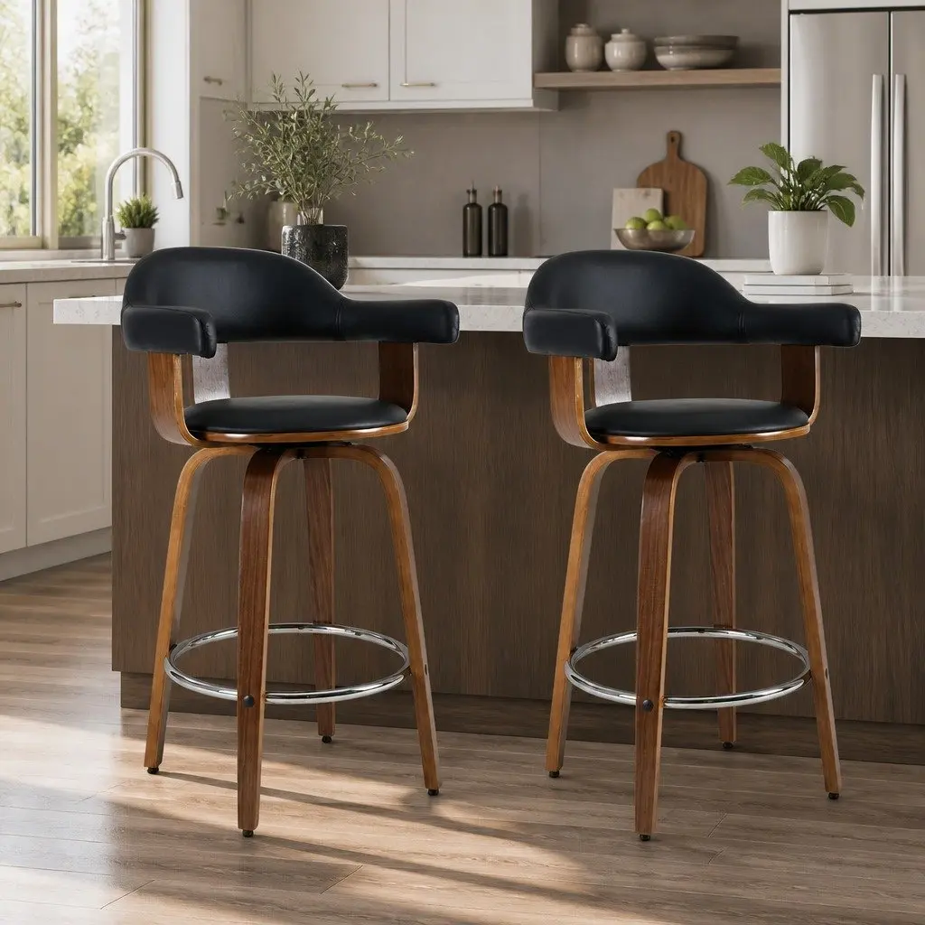 Bar Stools Set of 2 Padded Seat Wooden Legs Rotatable Mid-Height Backrest Black