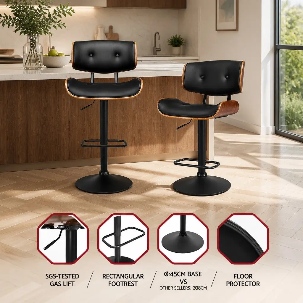 Bar Stools 2x Gas Lift Padded Seat 360 Degree Swivel Adjustable Height Black