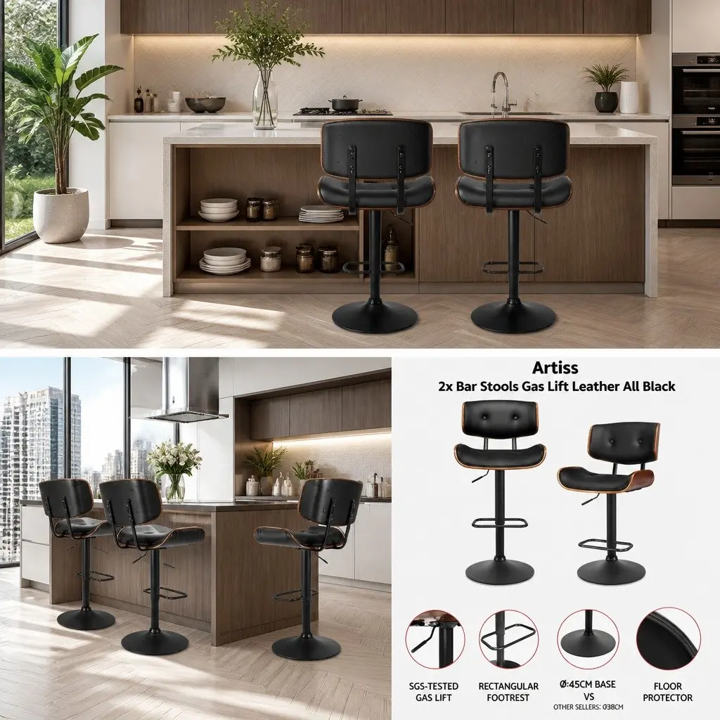 Bar Stools 2x Gas Lift Padded Seat 360 Degree Swivel Adjustable Height Black
