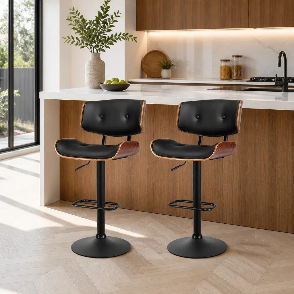 Bar Stools 2x Gas Lift Padded Seat 360 Degree Swivel Adjustable Height Black