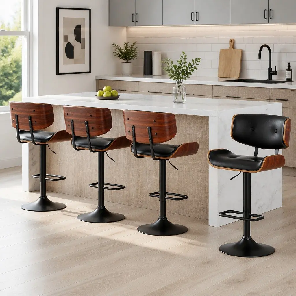Bar Stools 4 Pack Gas Lift PU Leather Padded Seat 360 Rotatable Black