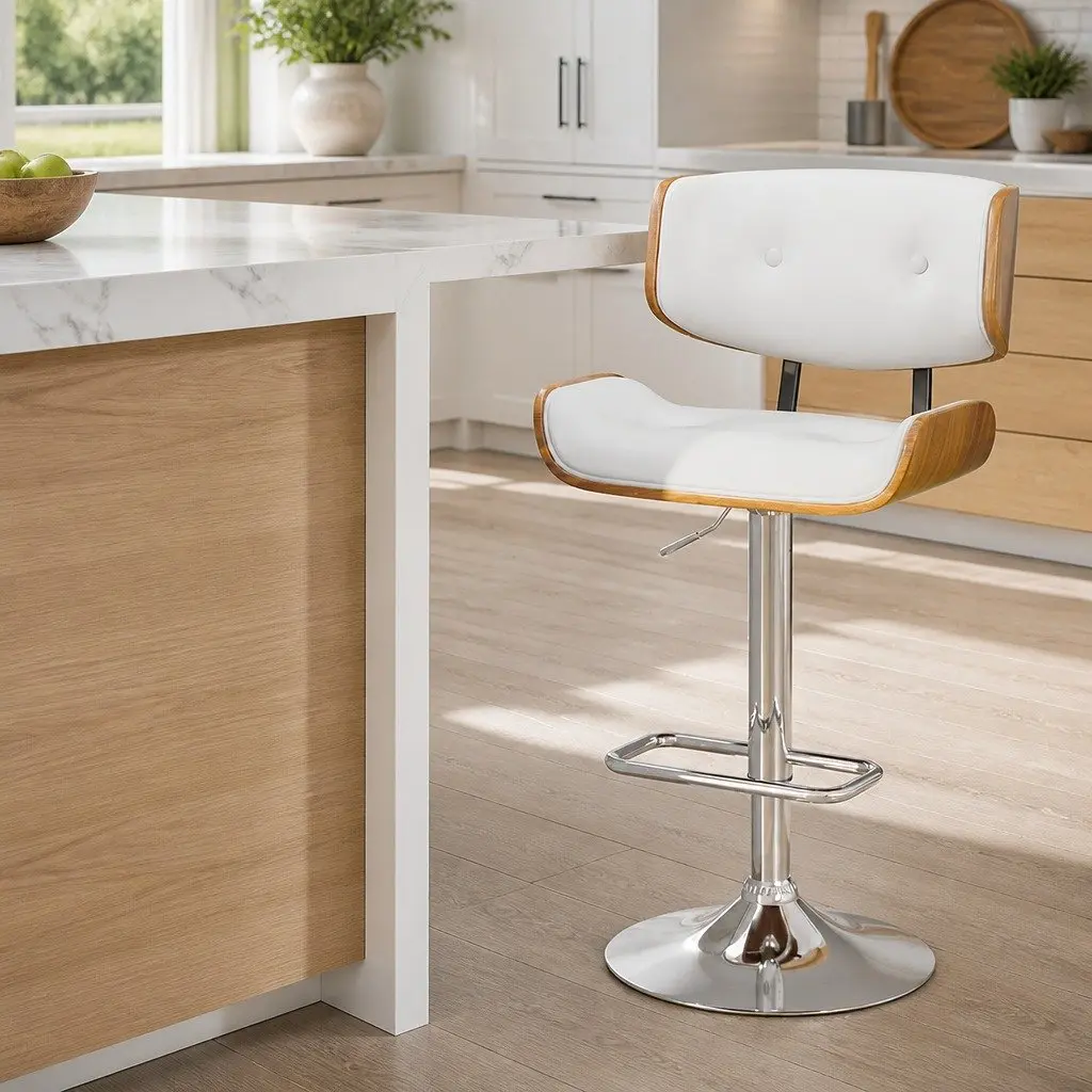 Bar Stool Gas Lift Swivel Chair Wooden Seat White Padded Chrome Base Footrest