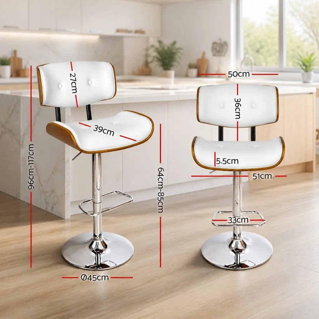 Bar Stool Gas Lift Swivel Chair Wooden Seat White Padded Chrome Base Footrest