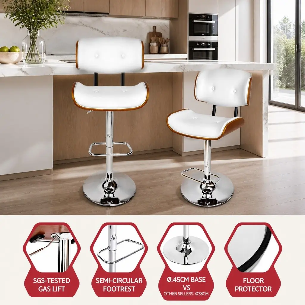 Bar Stool Gas Lift Swivel Chair Wooden Seat White Padded Chrome Base Footrest