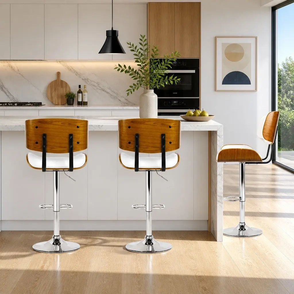 Bar Stool Gas Lift Swivel Chair Wooden Seat White Padded Chrome Base Footrest