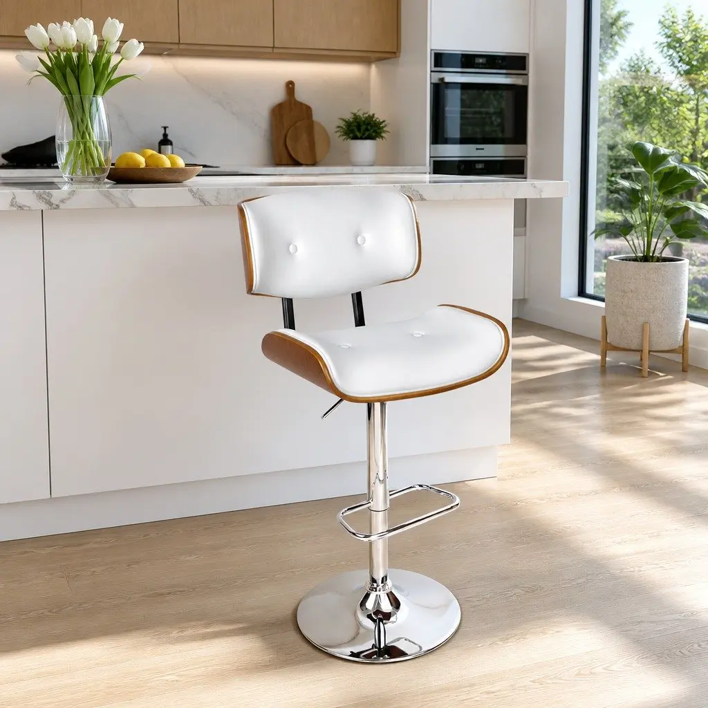 Bar Stool Gas Lift Swivel Chair Wooden Seat White Padded Chrome Base Footrest