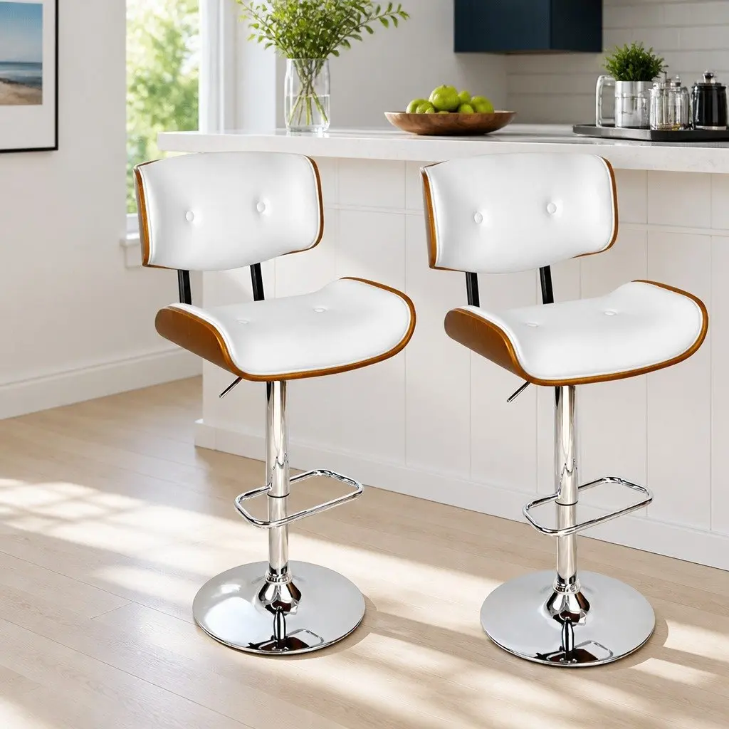 Bar Stools Swivel Gas Lift Adjustable Height White PU Leather Padded Seat Chrome Base
