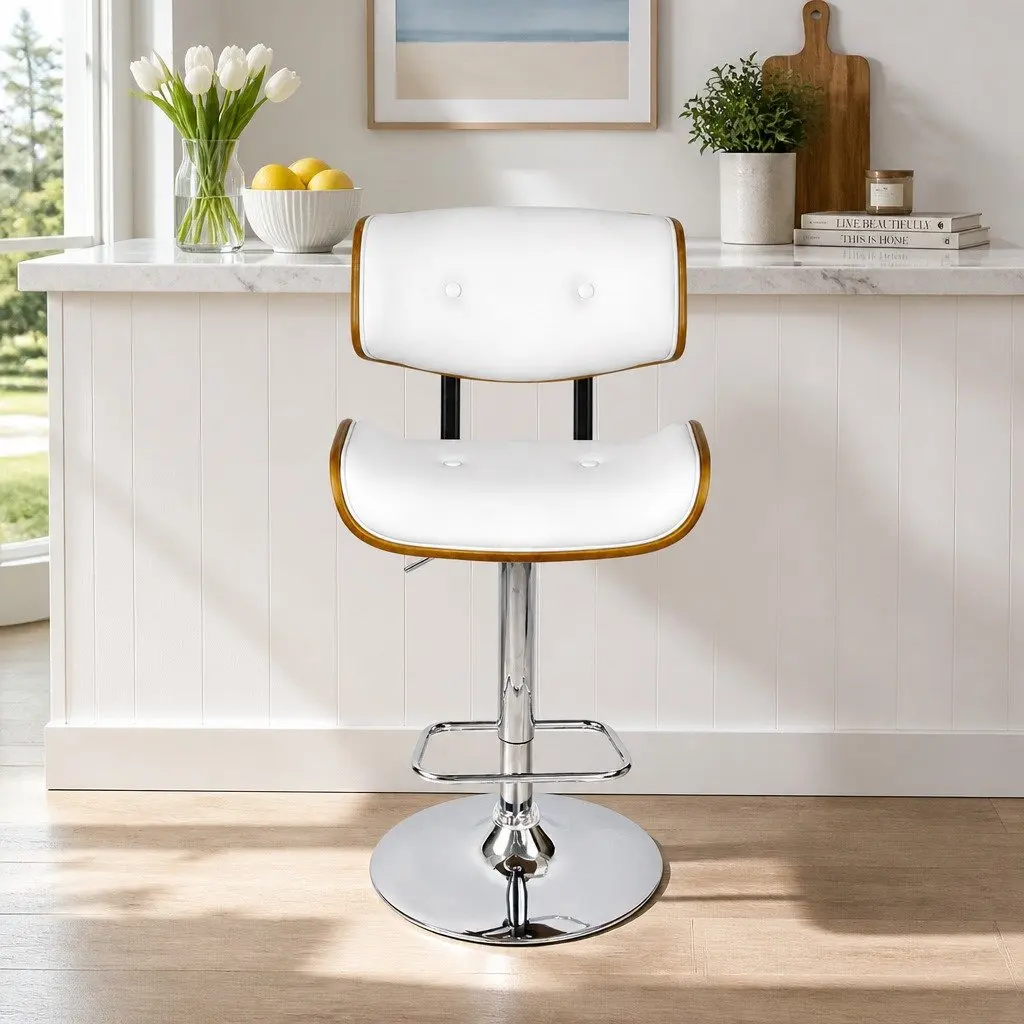 Bar Stools Swivel Gas Lift Adjustable Height White PU Leather Padded Seat Chrome Base