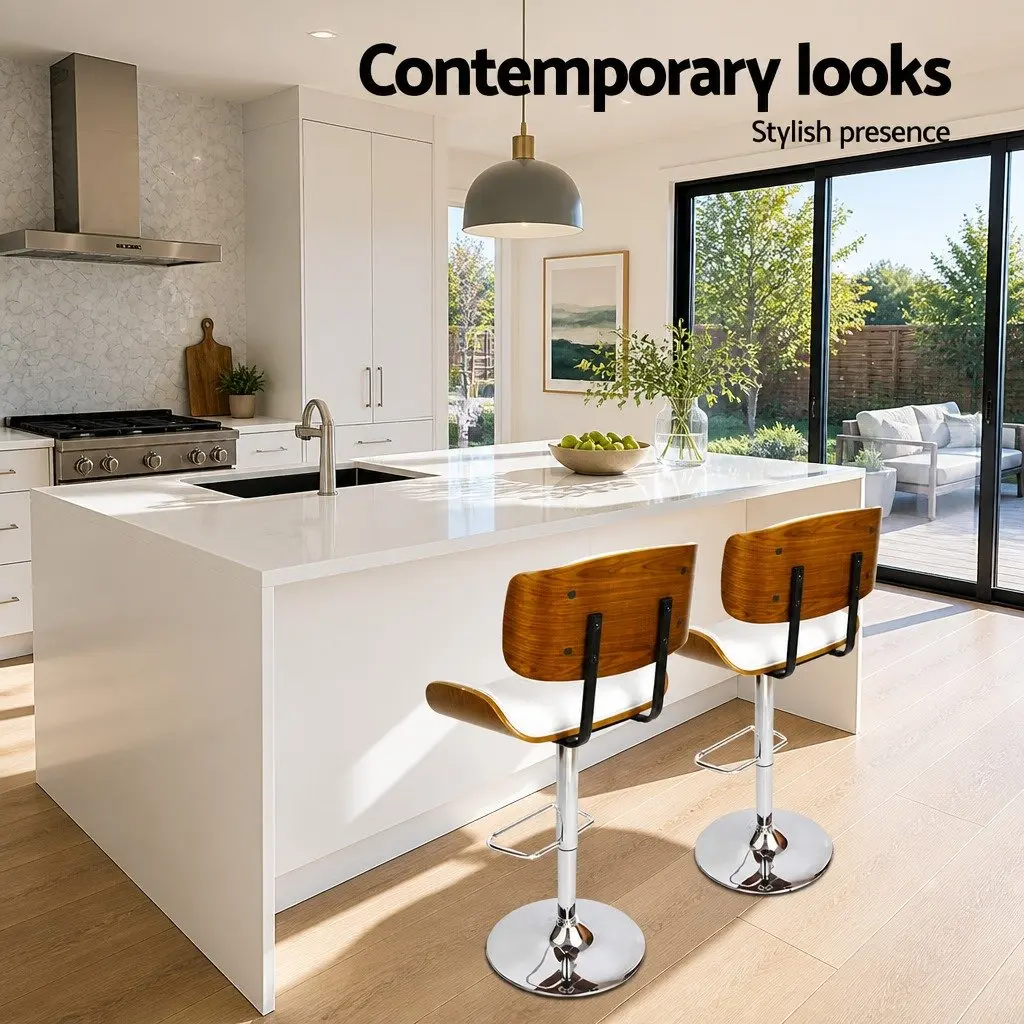Bar Stools Swivel Gas Lift Adjustable Height White PU Leather Padded Seat Chrome Base