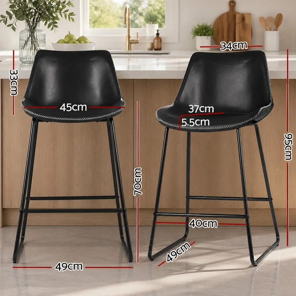 Bar Stools Set of 2 Kitchen Counter Chairs Black PU Leather Metal Frame
